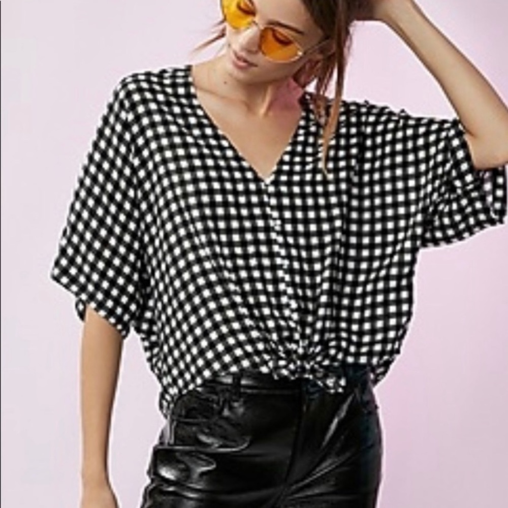 Express Black and White Checkered Tie Blouse